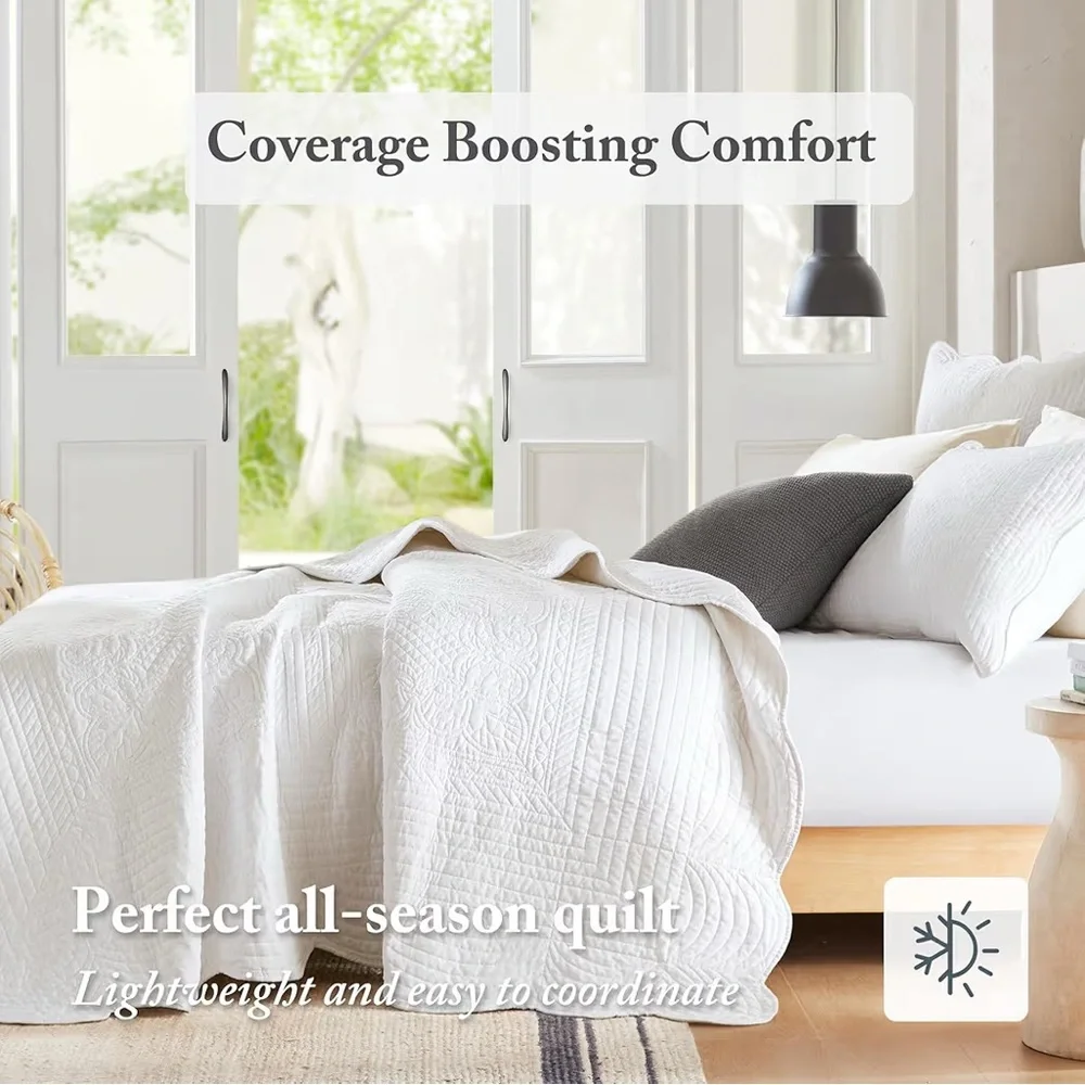 Madison Park Damask Coverlet Quilt Set Queen Cottage White 3PC Bedding Medallion
